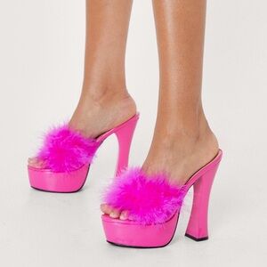 Patent Faux Leather Feather Platform Mules